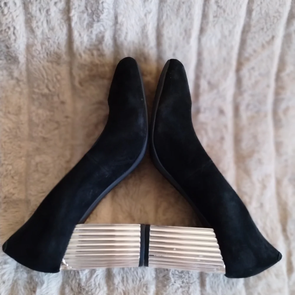 Michael Kors Black Suede Block Heel Pumps Statement Metallic Heel Designer